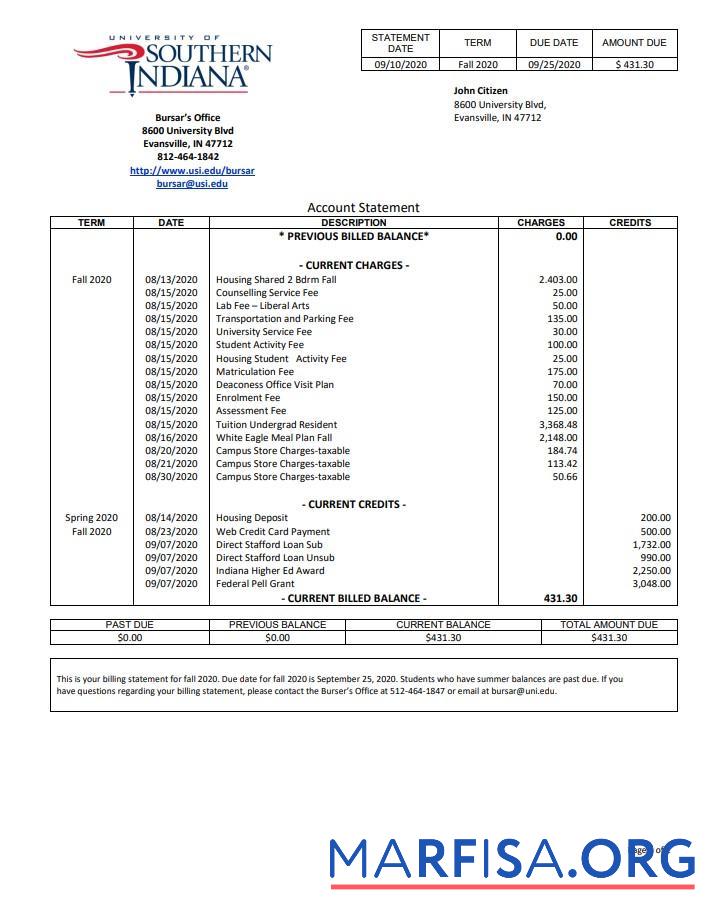 Downloadable USA University of Southern Indiana bank statement word template